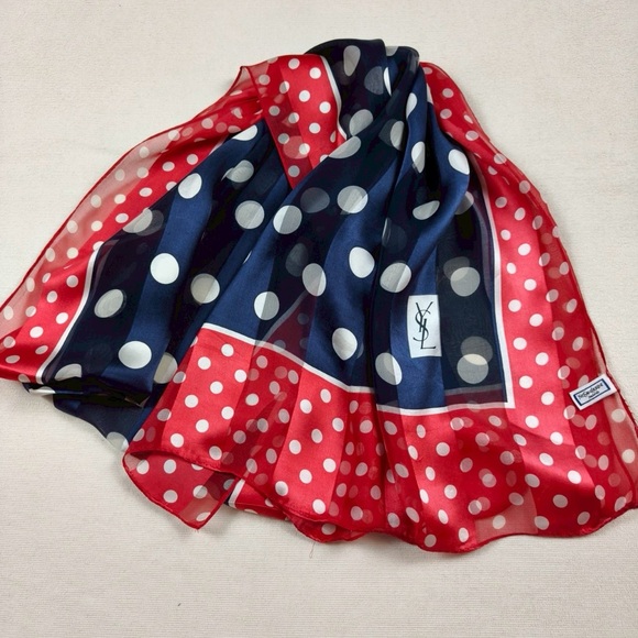 Yves Saint Laurent Red and Blue Polka Dot Scarf
